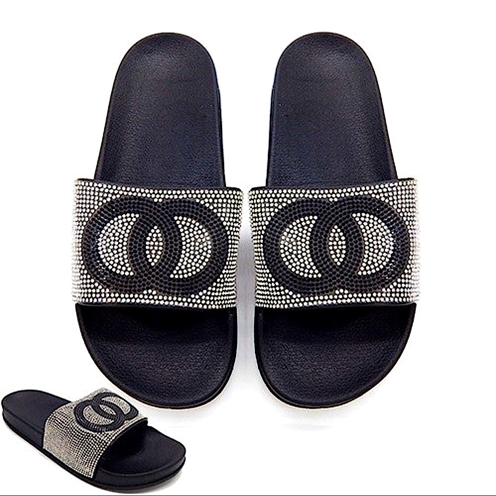 🆕🖤VERA: SILVER DOUBLE CIRCLES Bling Slides SIZE 9